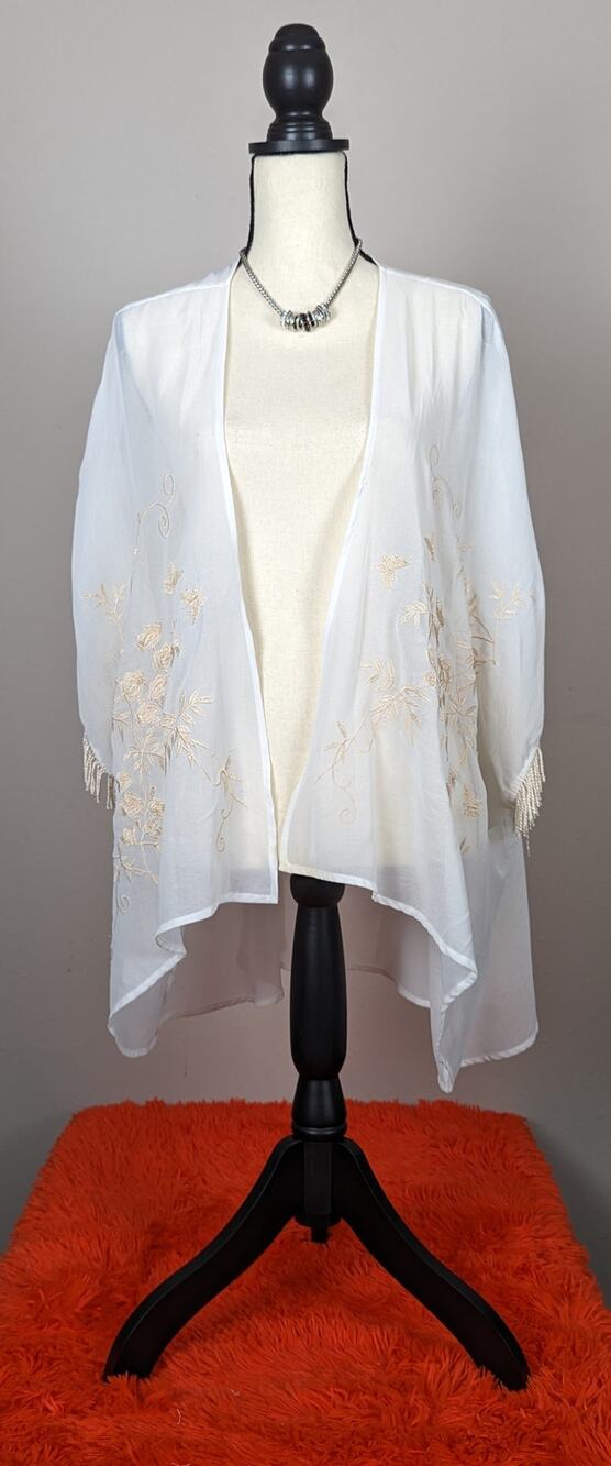 Ella Blue Cream White Floral Embroidered Fringe Sleeves Sheer Kimono M/L